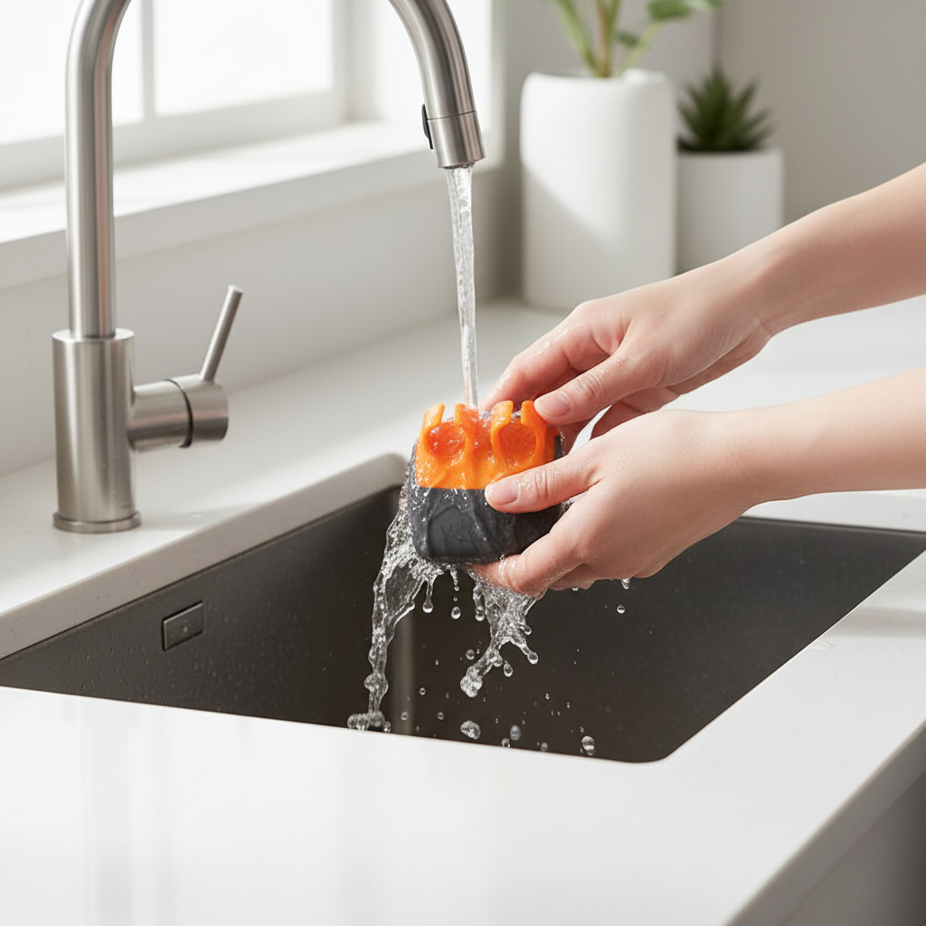 Jeune femme rince éplucheur orange sous l'eau