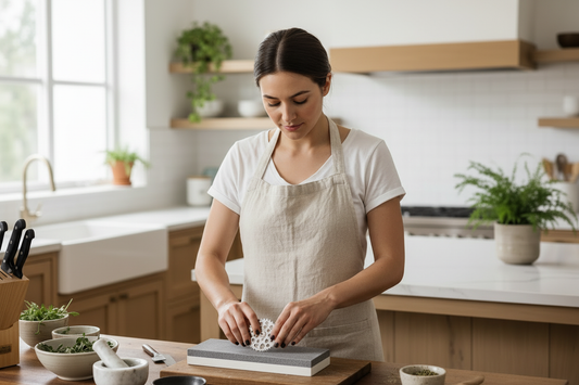 jeune femme aiguise la lame de son hachoir manuel