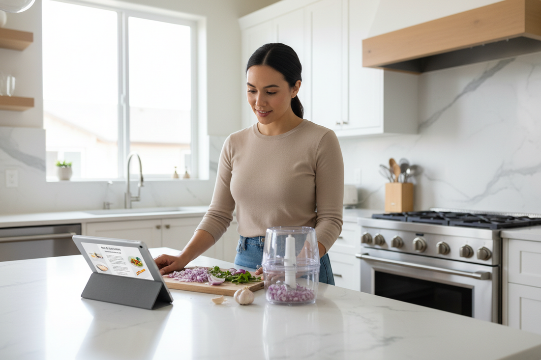 jeune femme débutante en cuisine utilise son hachoir manuel en suivant les conseils