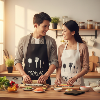 Couple faisant des sushis avec leurs tabliers imperméables cooking pro