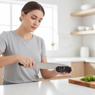 Jeune femme affûtant son couteau  cuisine lumineuse zigzag