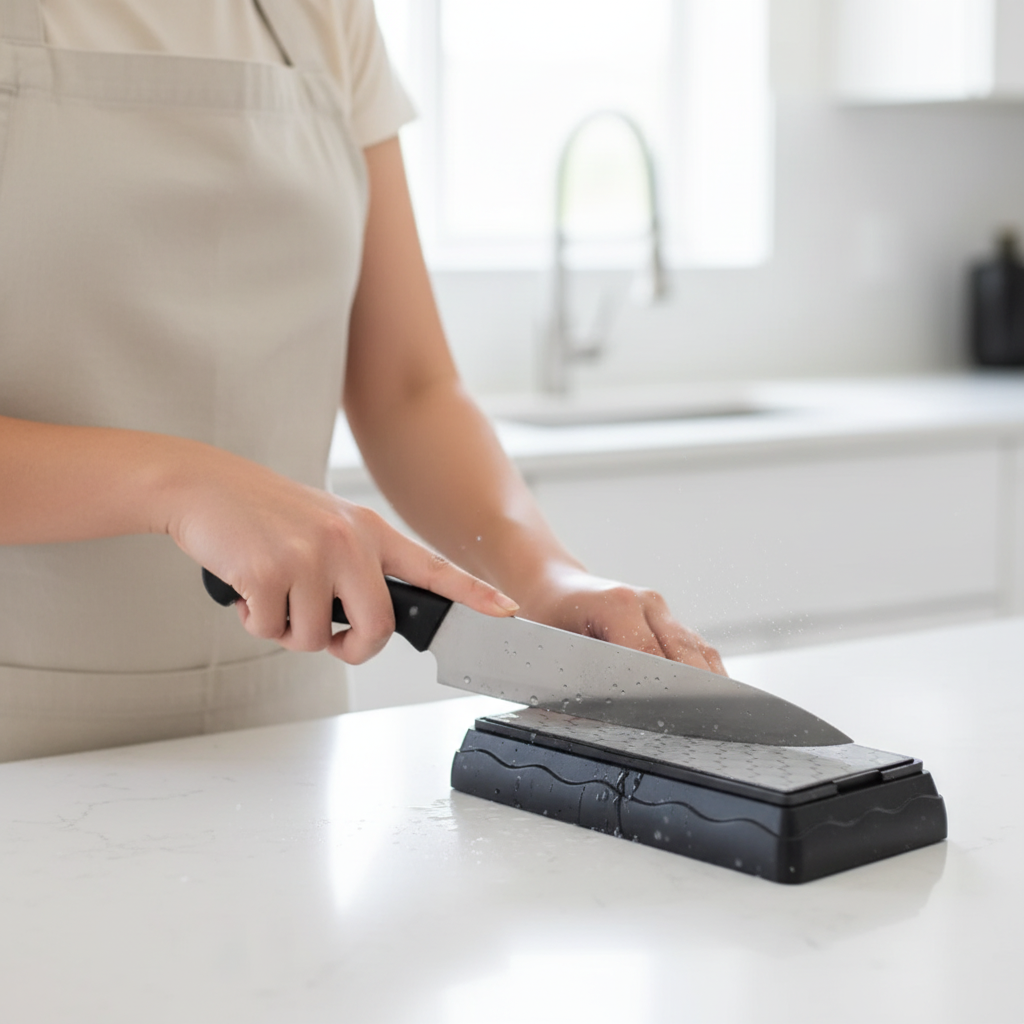 Jeune femme aiguisant couteau sur pierre à aiguiser