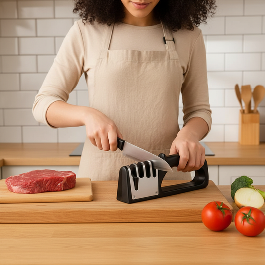 Jeune femme avec aiguiseur professionnel