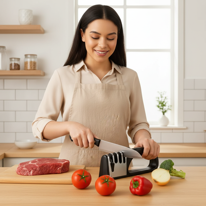 Jeune femme en cuisine avec aiguiseur