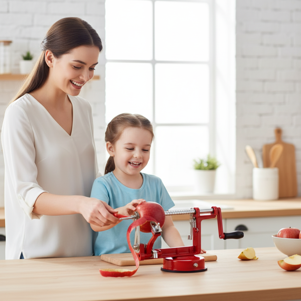 Jeune femme  enfant utilisant le pele pommes rouge facilement 3 en 1 rapid