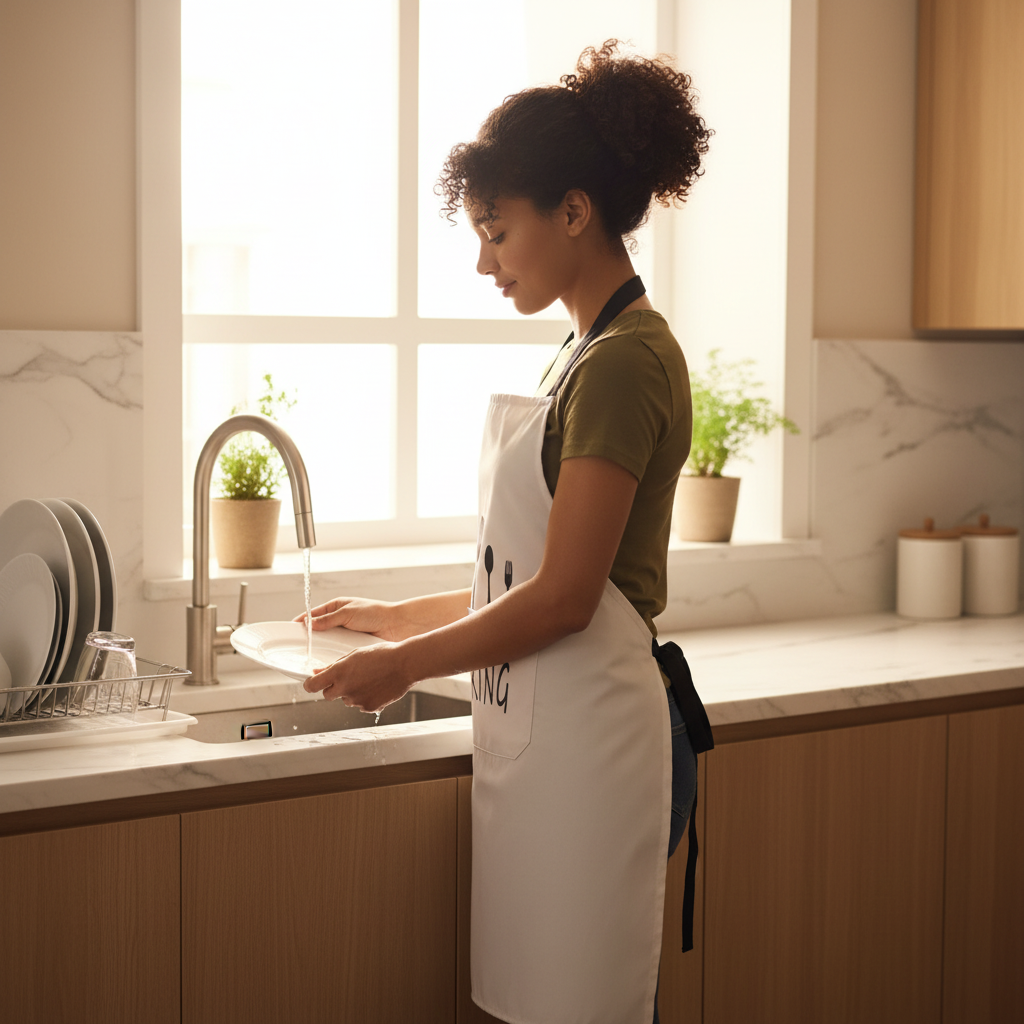 Jeune femme faisant la vaisselle avec le tablier blanc cooking pro