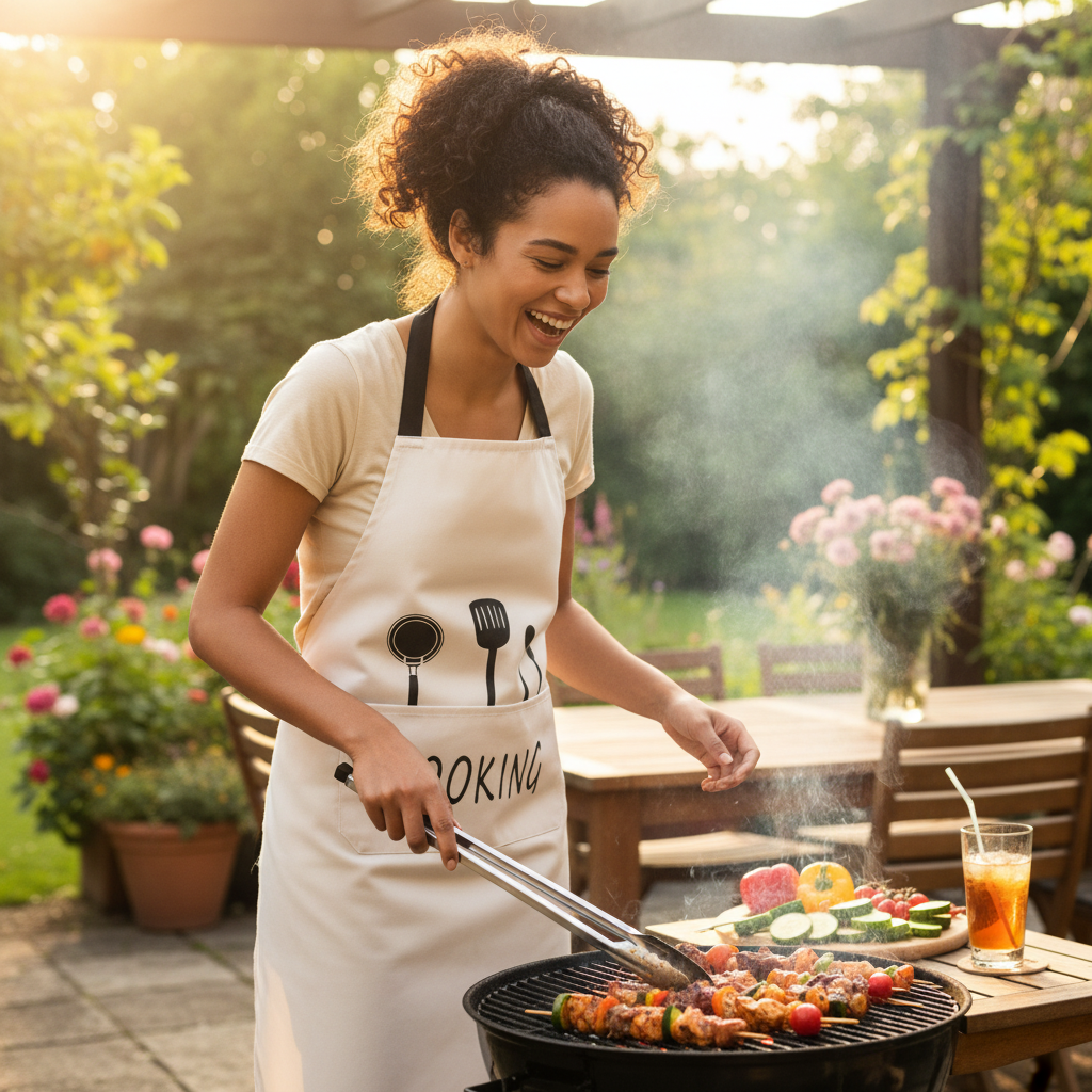 Jeune femme faisant un barbecue avec tablier de cuisine blanc cooking pro