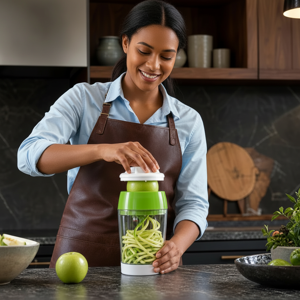 Jeune femme métisse utilisant un spiraliseur de légumes
