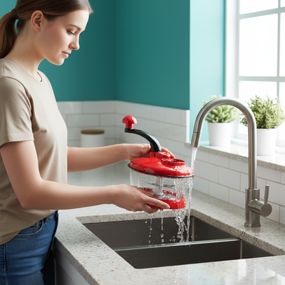 Jeune femme nettoie un hachoir manuel sous eau zen
