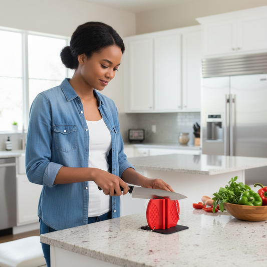 Jeune femme utilisant l'aiguiseur couteau professionnel rouge kitchenpro
