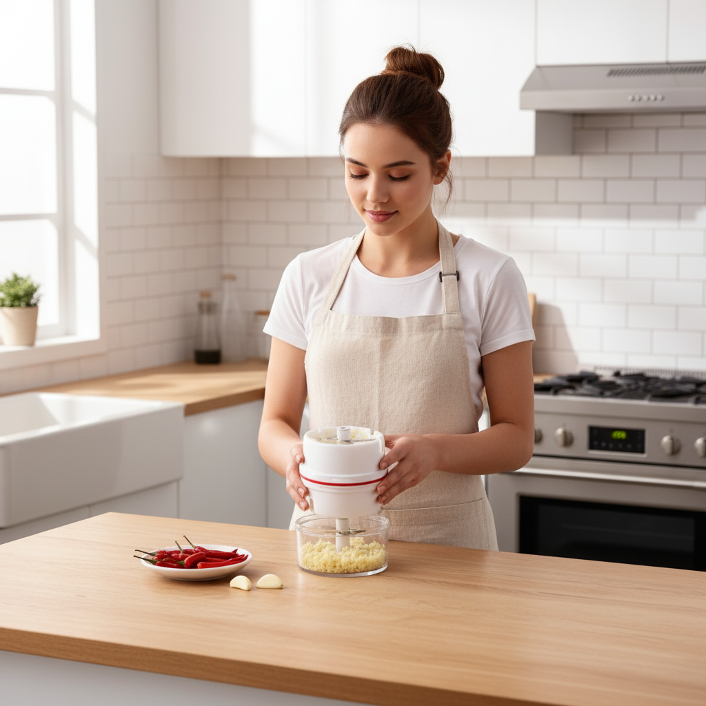 Jeune femme utilisant le mini hachoir avec ail et piments