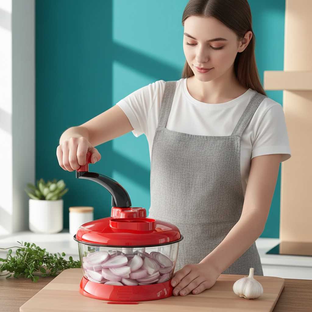 Jeune femme utilisant un hachoir manuel rouge zen