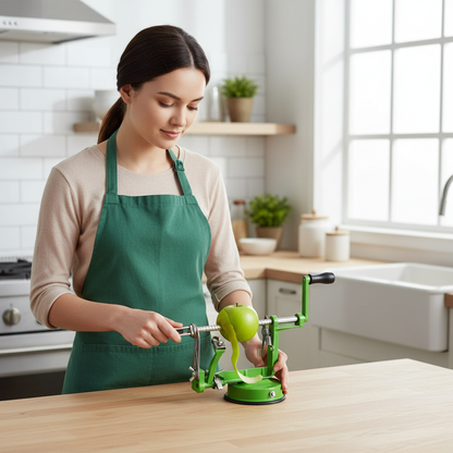 Jeune femme utilisant un petit pele pommes vert compact 3 en 1 rapid
