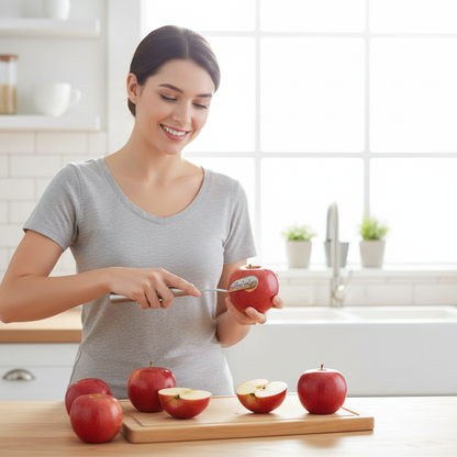 Jeune femme évide des pommes avec couteau Naya