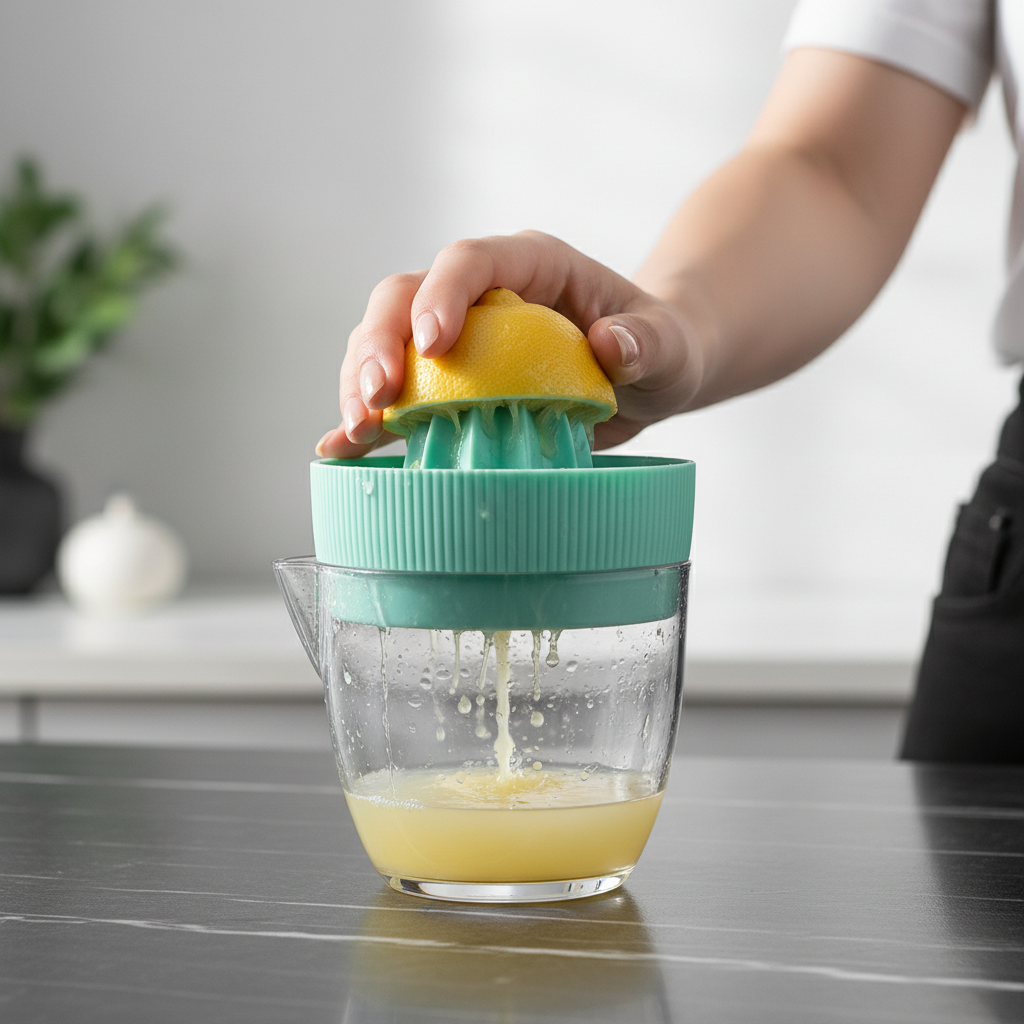 Main pressant un citron avec le presse citron extrapress