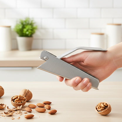 Main tenant le casse-amandes dans une cuisine moderne