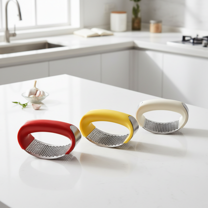 presse-ail rouge jaune et blanc ergonomique inodore