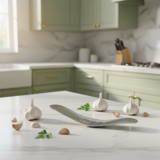 Presse-ail sur îlot - cuisine vert amande